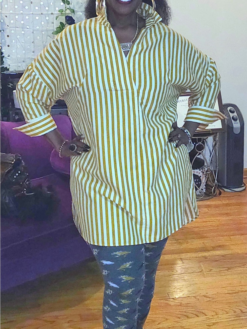 Fashion Nova Mustard & White Striped Mini Shirt Dress